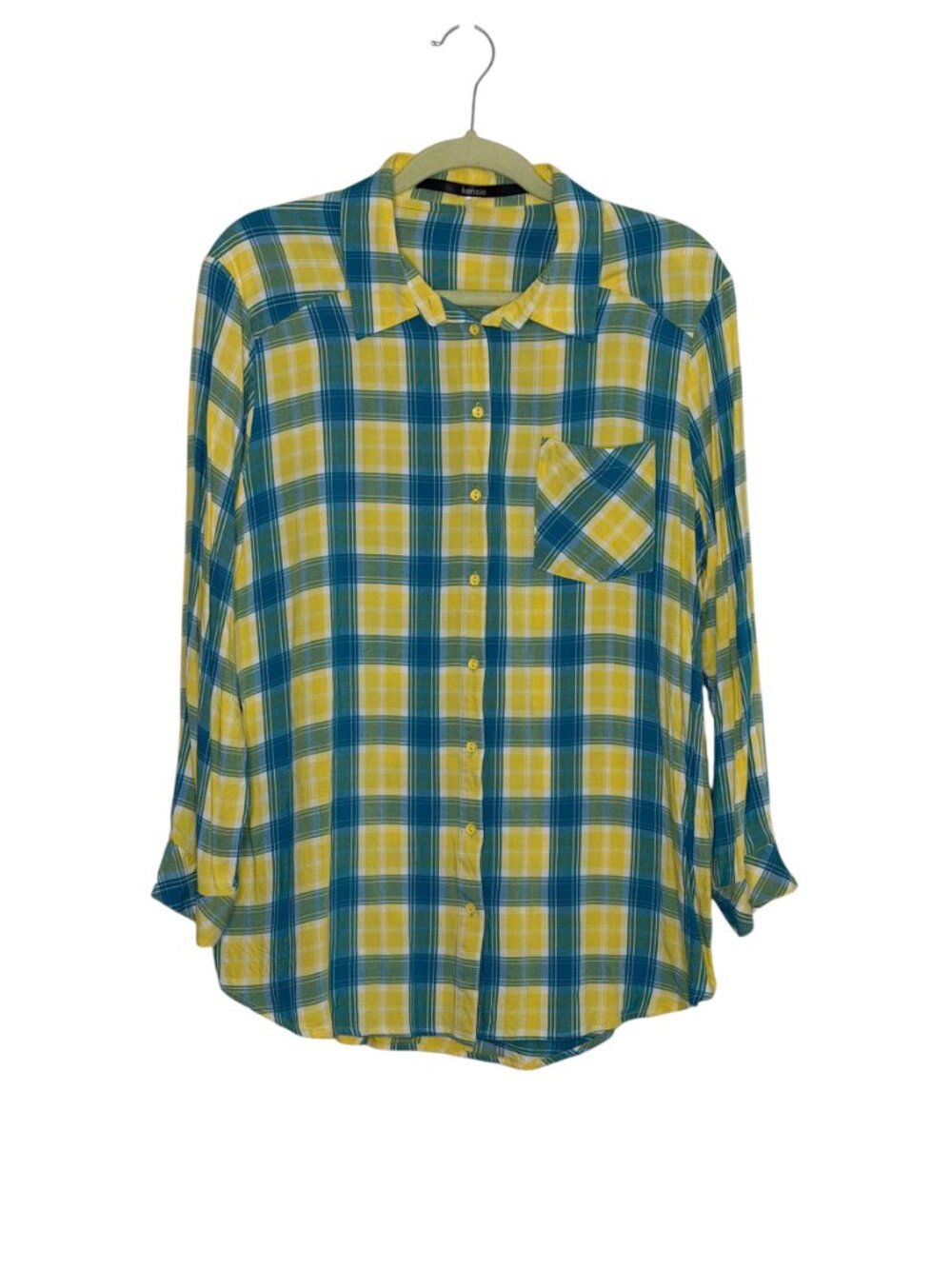 Kensie Button Front Shirt Blouse Top Women Plaid Blue Yellow M?